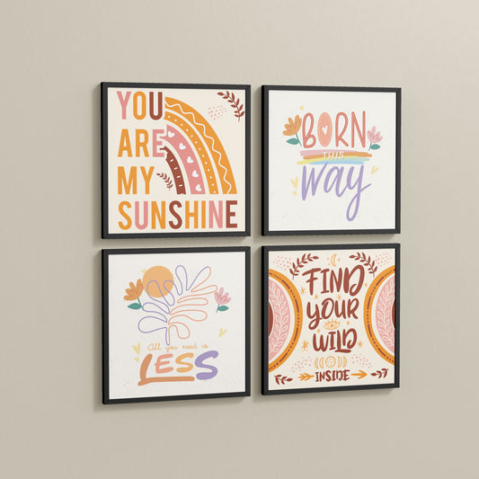 Side View of Sunshine Vibes Inspirational Quotes Set of 4 Frames in Black Color Frame