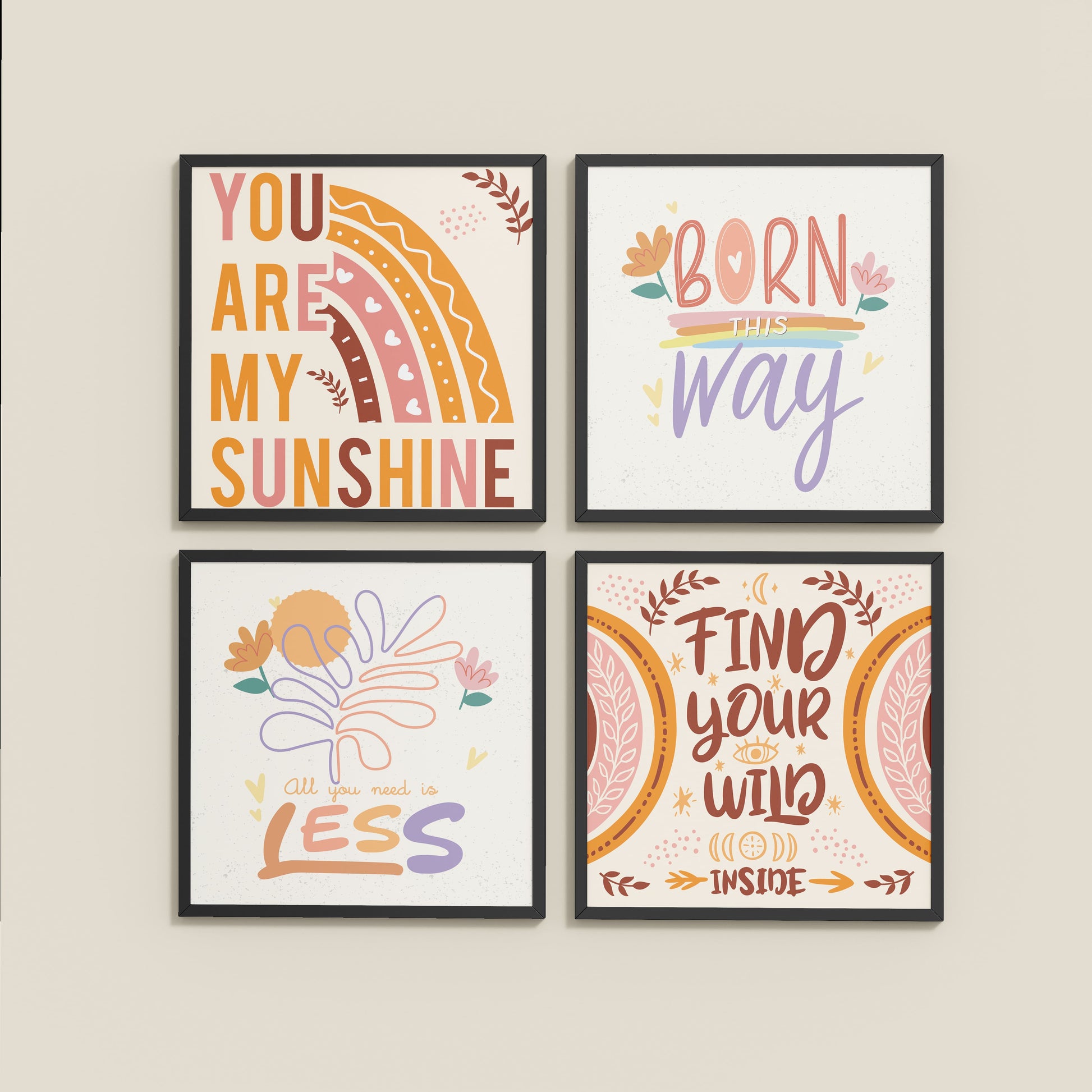 Wall View of Sunshine Vibes Inspirational Quotes Set of 4 Frames in Black Color Frame
