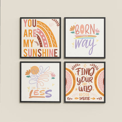 Wall View of Sunshine Vibes Inspirational Quotes Set of 4 Frames in Black Color Frame