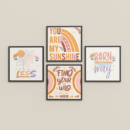 Inclined Floor View of Sunshine Vibes Inspirational Quotes Set of 4 Frames in Black Color Frame