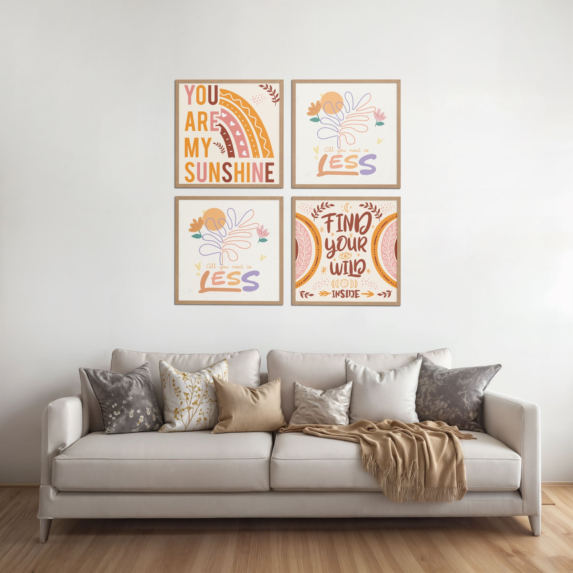Bed Room Preview of Sunshine Vibes Inspirational Quotes Set of 4 Frames in Natrual Color Frame