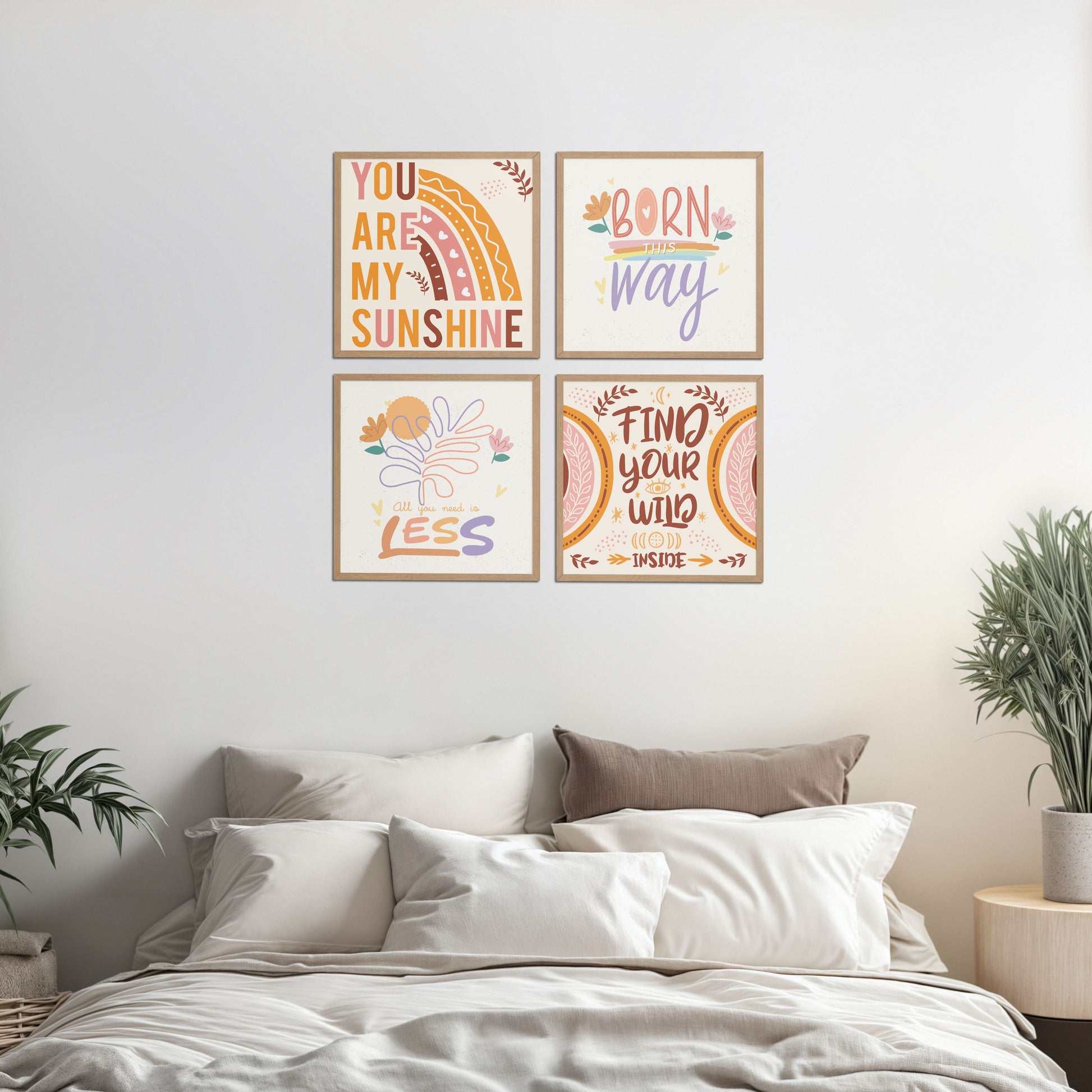 Living Room Sofa Preview of Sunshine Vibes Inspirational Quotes Set of 4 Frames in Natrual Color Frame