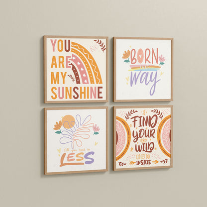 Side View of Sunshine Vibes Inspirational Quotes Set of 4 Frames in Natrual Color Frame