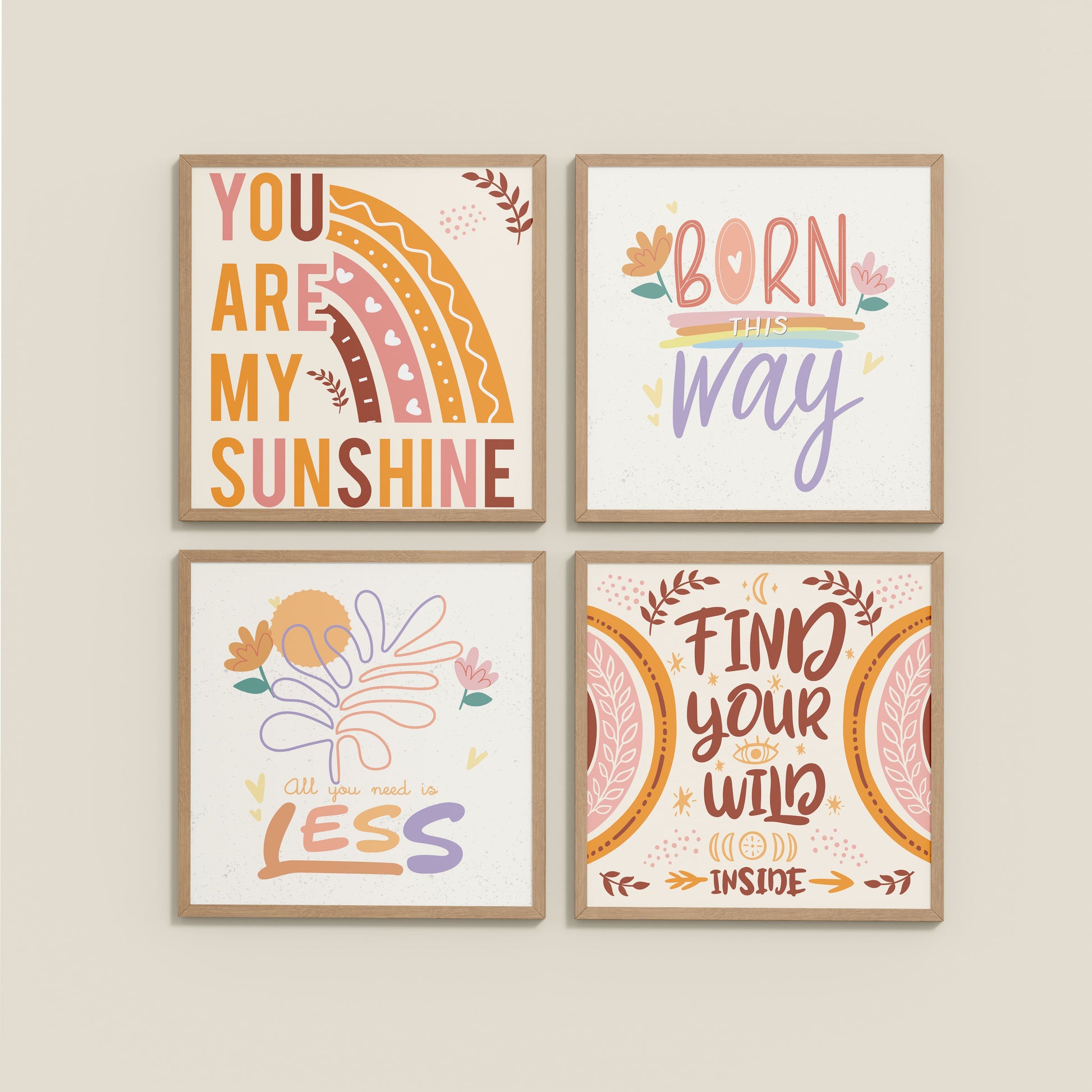 Wall View of Sunshine Vibes Inspirational Quotes Set of 4 Frames in Natrual Color Frame