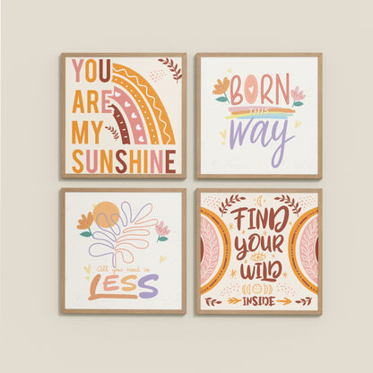 Wall View of Sunshine Vibes Inspirational Quotes Set of 4 Frames in Natrual Color Frame
