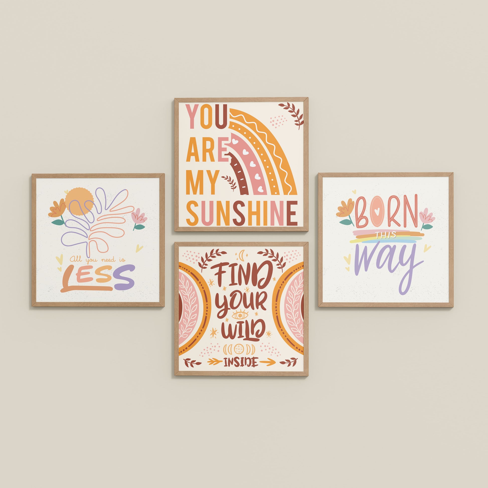 Inclined Floor View of Sunshine Vibes Inspirational Quotes Set of 4 Frames in Natrual Color Frame