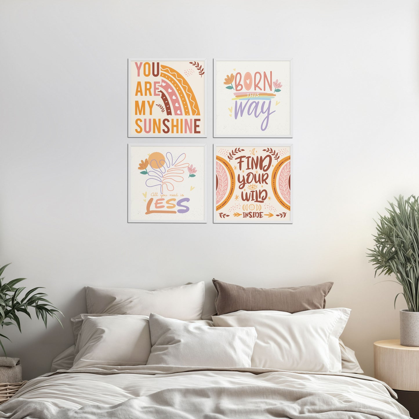 Living Room Sofa Preview of Sunshine Vibes Inspirational Quotes Set of 4 Frames in White Color Frame
