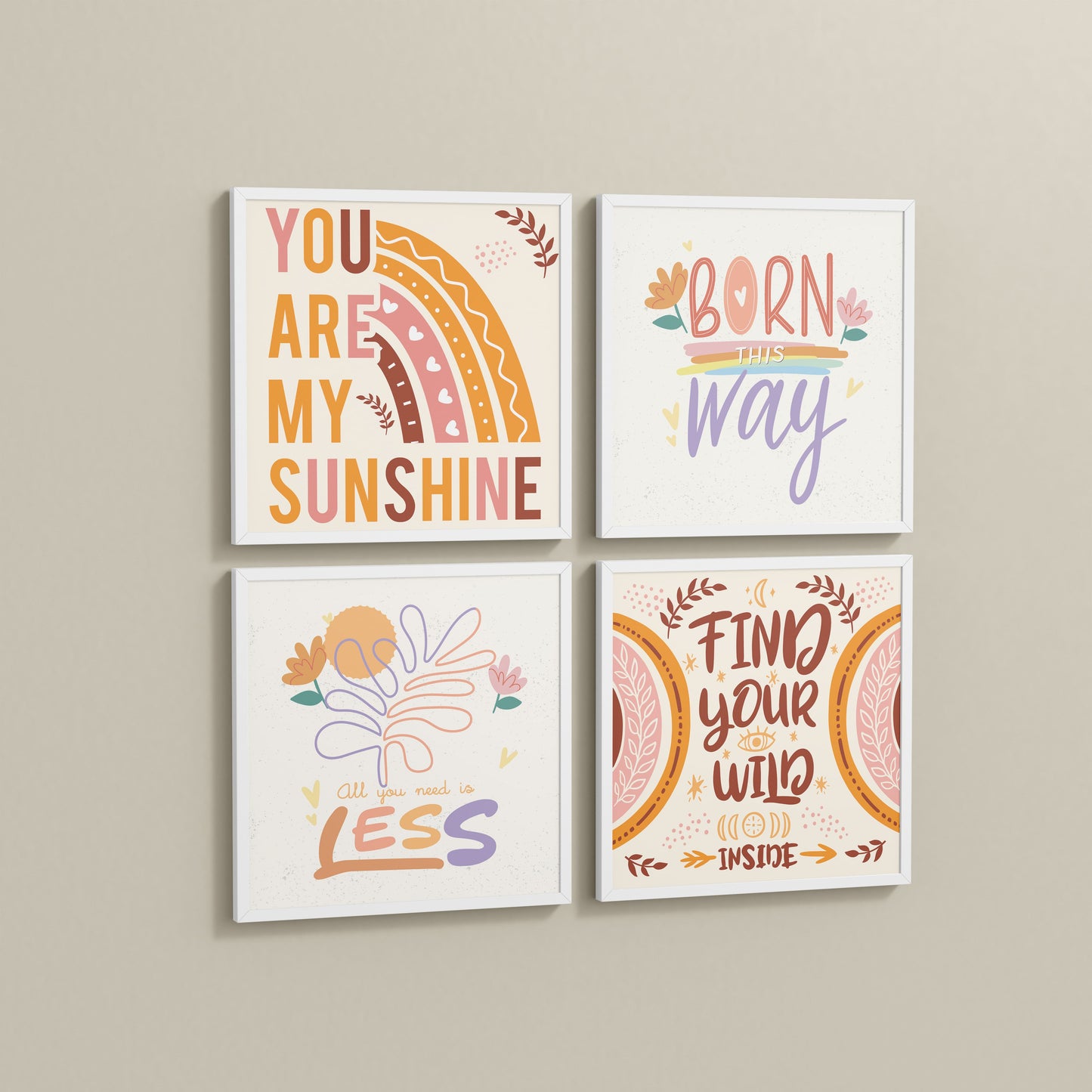 Side View of Sunshine Vibes Inspirational Quotes Set of 4 Frames in White Color Frame