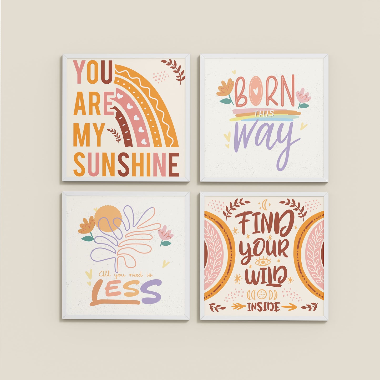 Wall View of Sunshine Vibes Inspirational Quotes Set of 4 Frames in White Color Frame