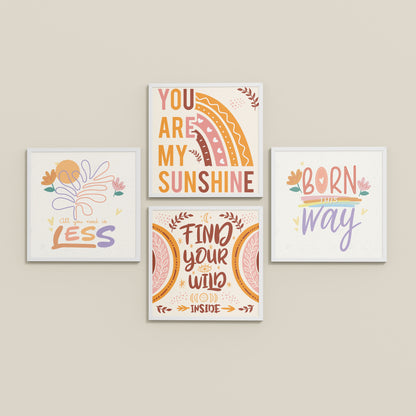 Inclined Floor View of Sunshine Vibes Inspirational Quotes Set of 4 Frames in White Color Frame