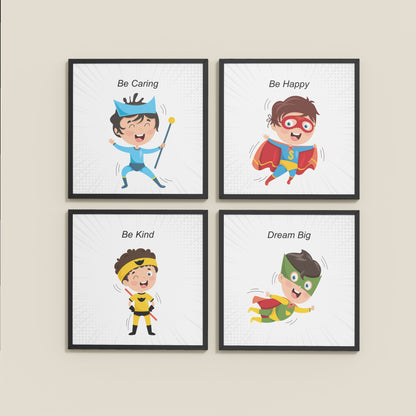 Wall View of Hero’s Code – Superhero Quote Wall Art Set of 4 in Black Color Frame