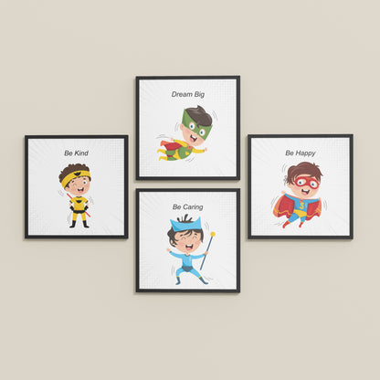 Inclined Floor View of Hero’s Code – Superhero Quote Wall Art Set of 4 in Black Color Frame