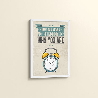 Side View of Time Well Spent Inspirational Quote Wall Art in White Color Frame