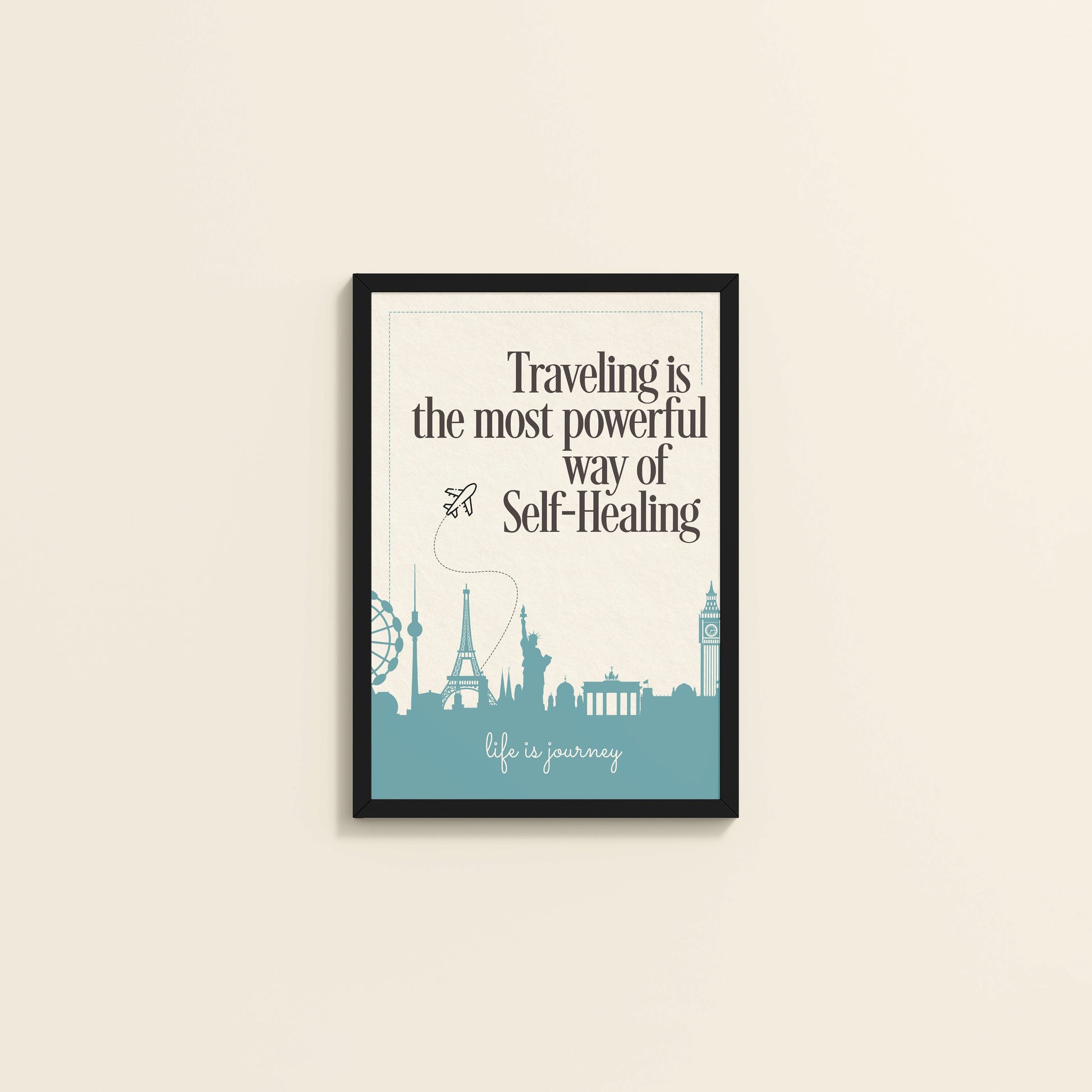 Wall View of Self-Heal Through Travel Inspirational Decor in Black Color Frame