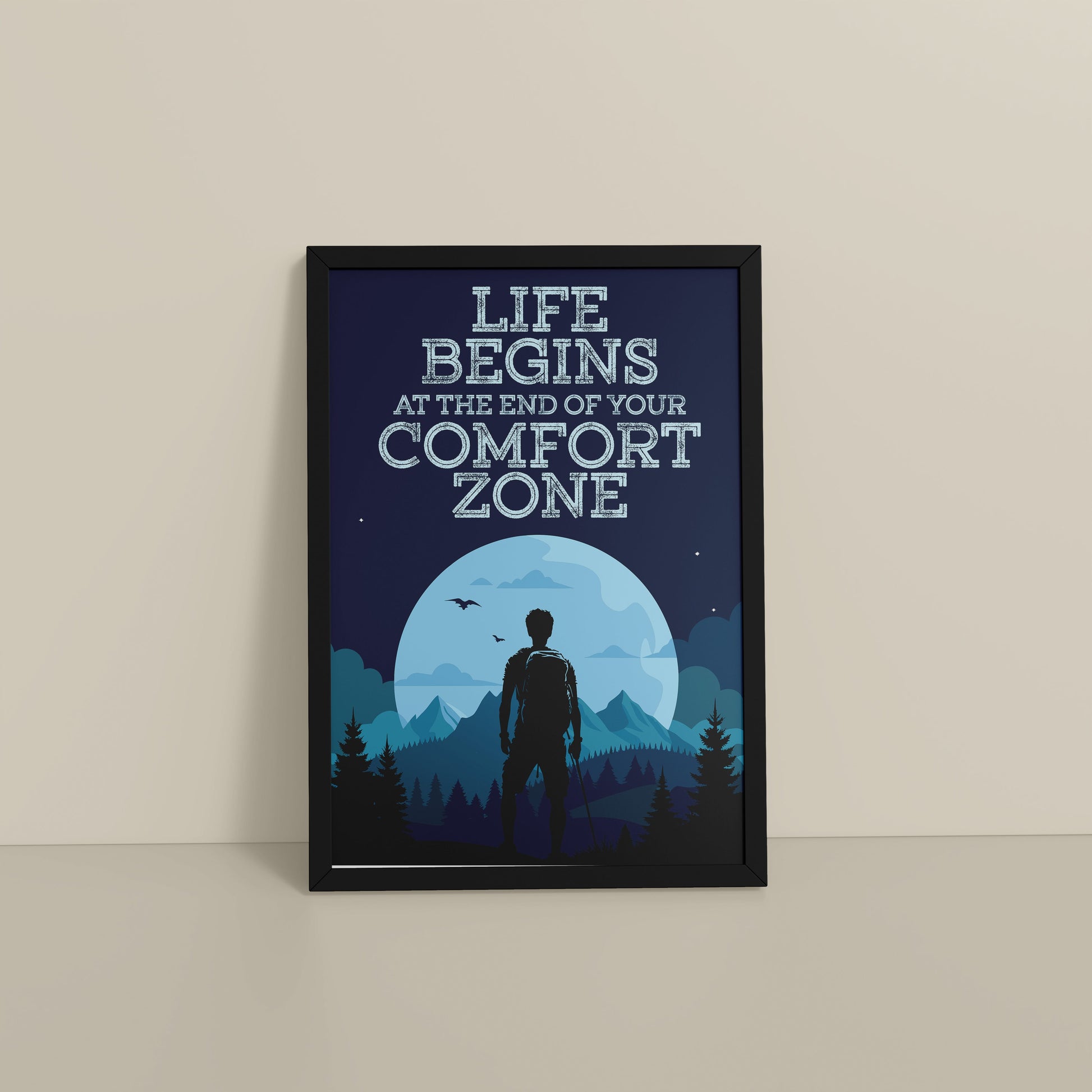 Floor View of Life begins at the end of comfort zone Motivational Wall Art in Black Color Frame