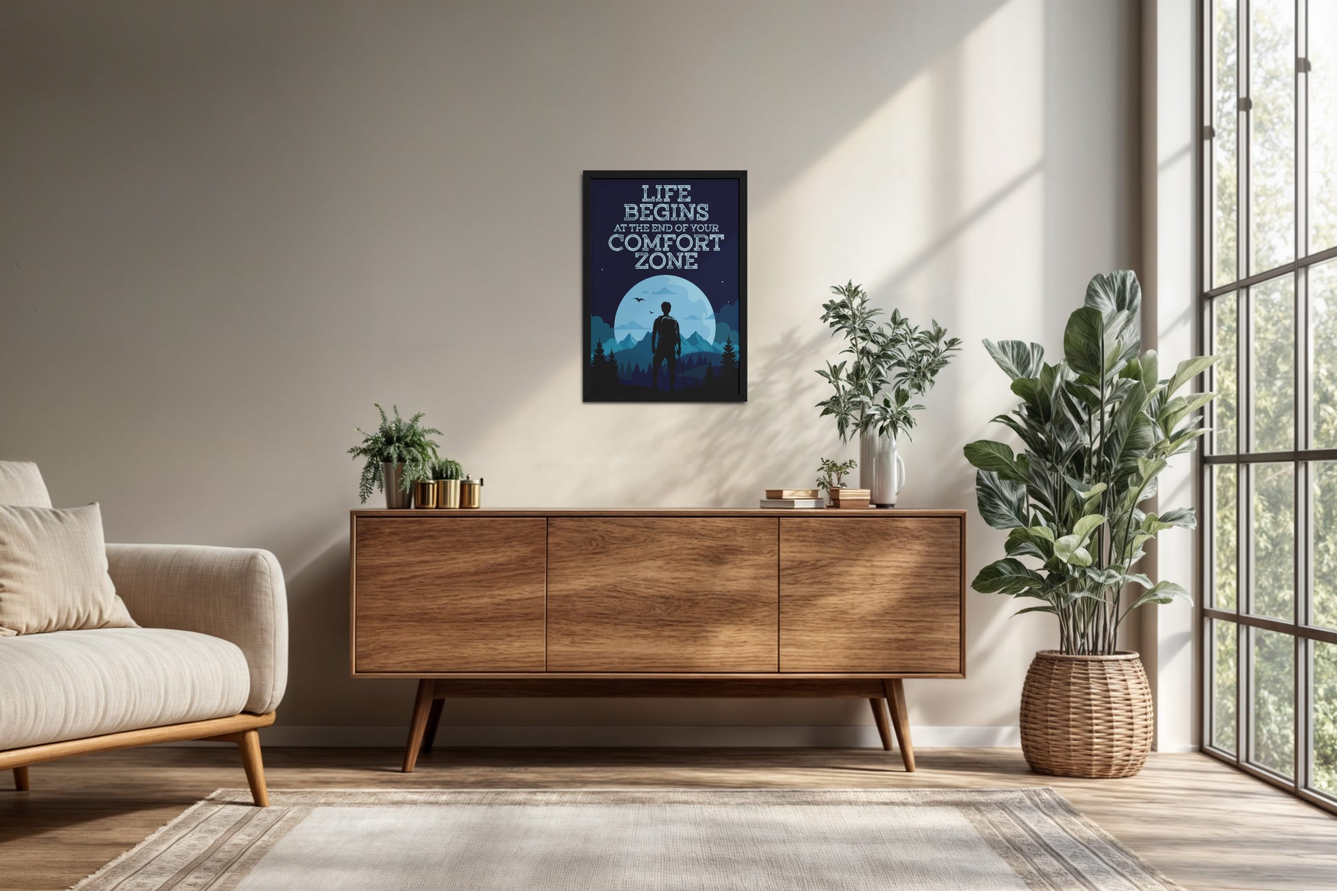 Living Room Cabinet Preview of Life begins at the end of comfort zone Motivational Wall Art in Black Color Frame