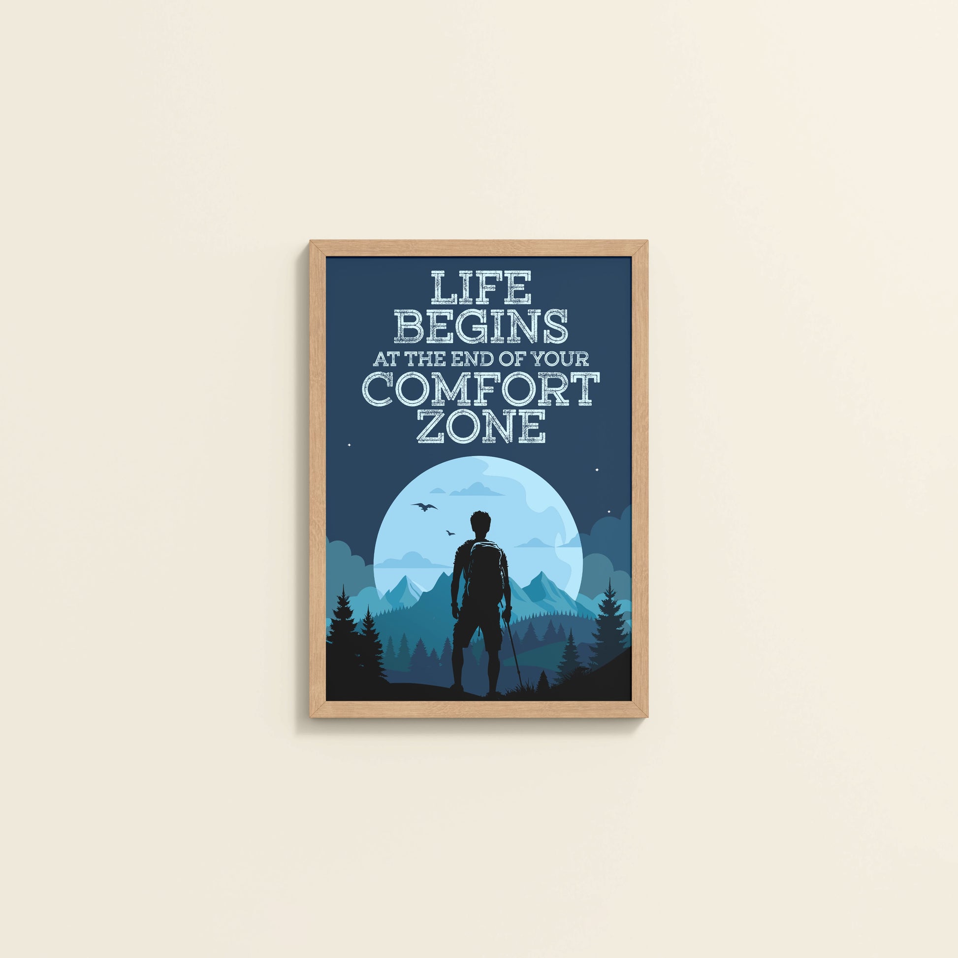 Wall View of Life begins at the end of comfort zone Motivational Wall Art in Natrual Color Frame