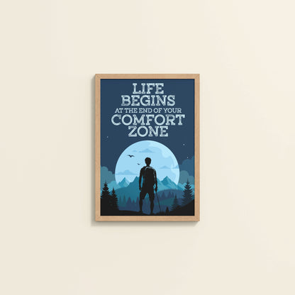 Wall View of Life begins at the end of comfort zone Motivational Wall Art in Natrual Color Frame
