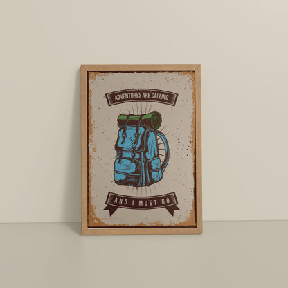 Floor View of Adventures Are Calling – Travel Wall Art Frame in Natrual Color Frame