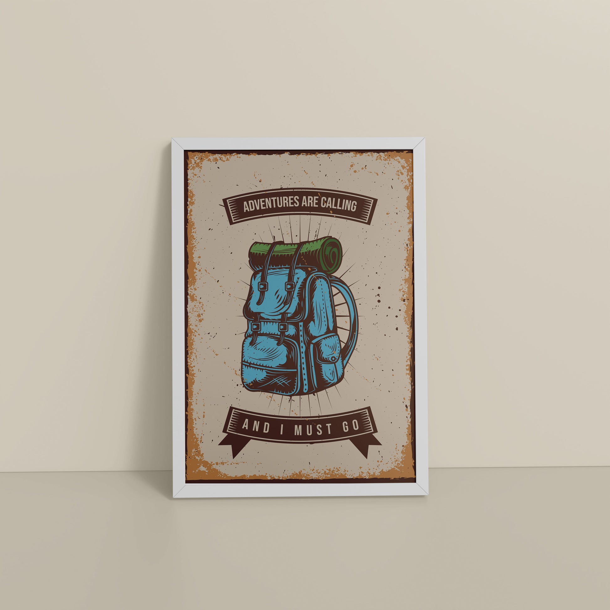 Floor View of Adventures Are Calling – Travel Wall Art Frame in White Color Frame