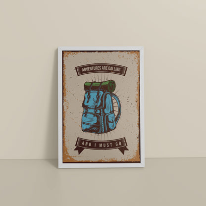 Floor View of Adventures Are Calling – Travel Wall Art Frame in White Color Frame