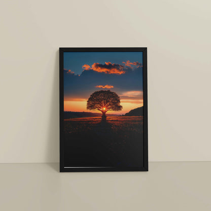 Floor View of Evening Glow – Tree at Sunset Nature Wall Art in Black Color Frame