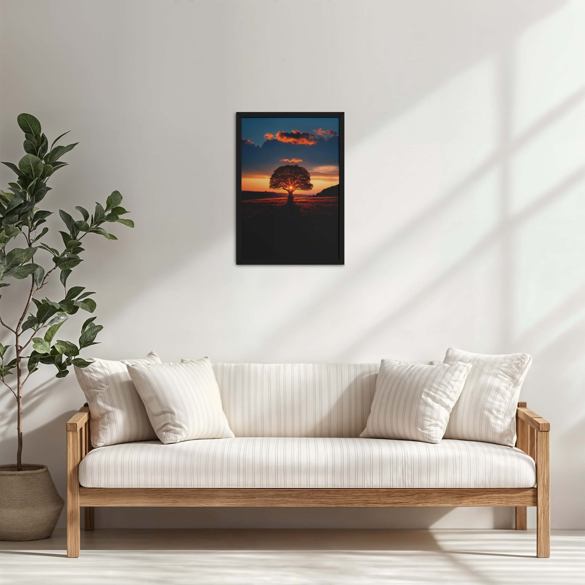 Living Room Cabinet Table Preview of Evening Glow – Tree at Sunset Nature Wall Art in Black Color Frame