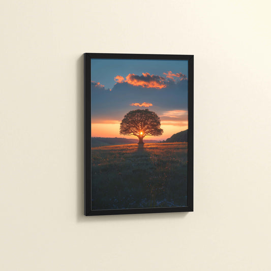 Side View of Evening Glow – Tree at Sunset Nature Wall Art in Black Color Frame