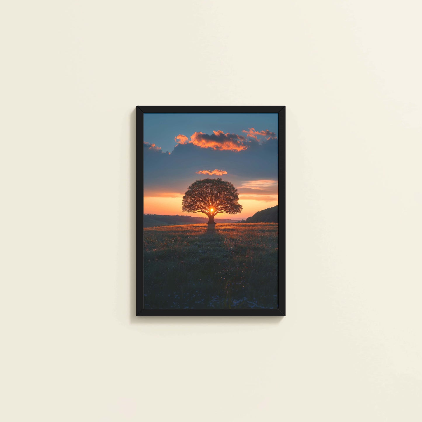Wall View of Evening Glow – Tree at Sunset Nature Wall Art in Black Color Frame