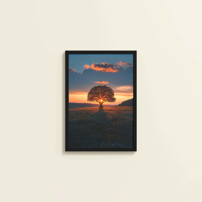 Wall View of Evening Glow – Tree at Sunset Nature Wall Art in Black Color Frame