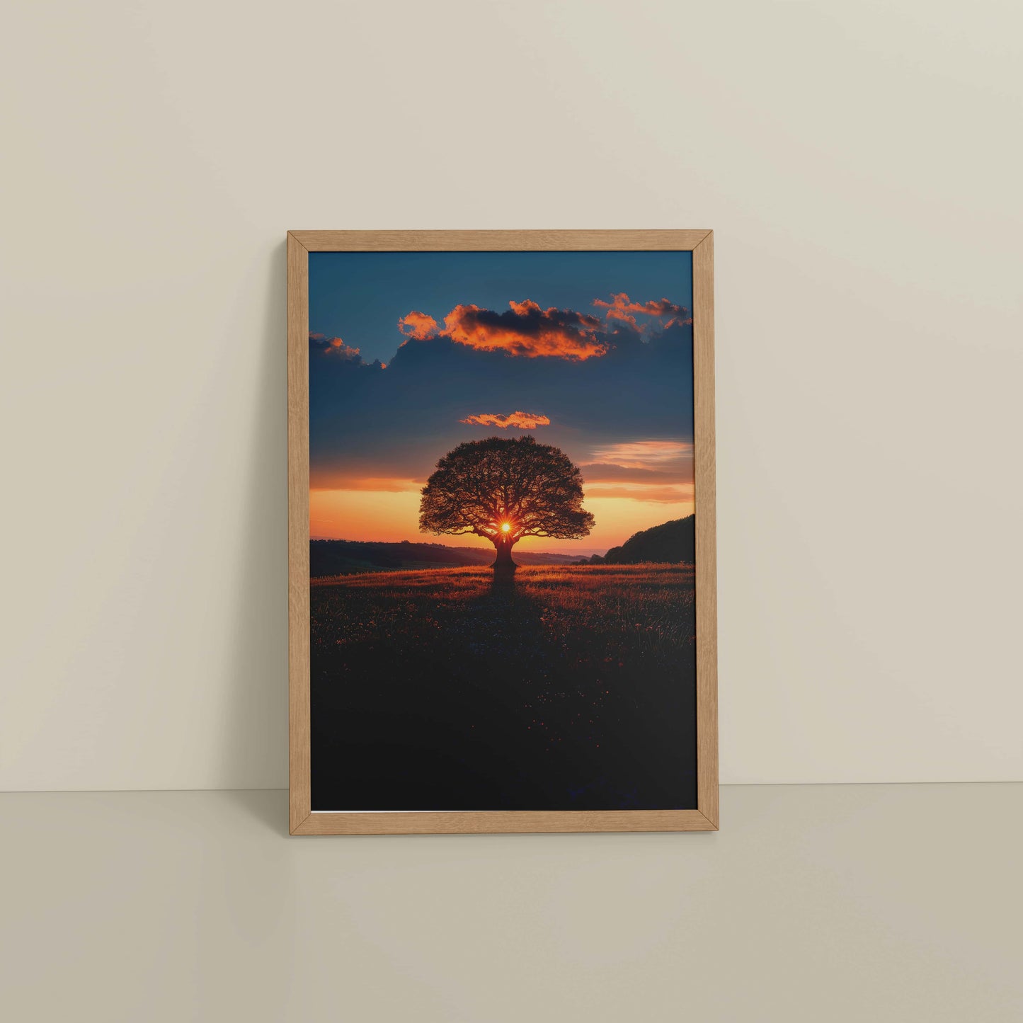 Floor View of Evening Glow – Tree at Sunset Nature Wall Art in Natrual Color Frame