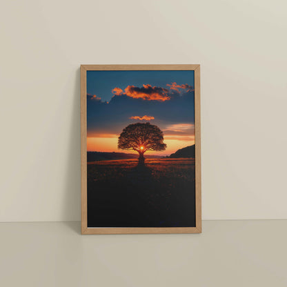 Floor View of Evening Glow – Tree at Sunset Nature Wall Art in Natrual Color Frame