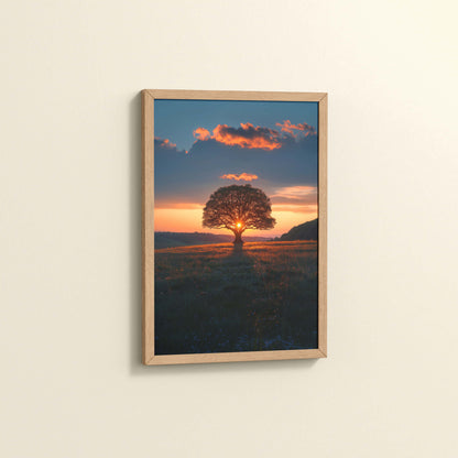 Side View of Evening Glow – Tree at Sunset Nature Wall Art in Natrual Color Frame
