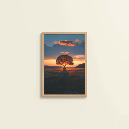 Wall View of Evening Glow – Tree at Sunset Nature Wall Art in Natrual Color Frame