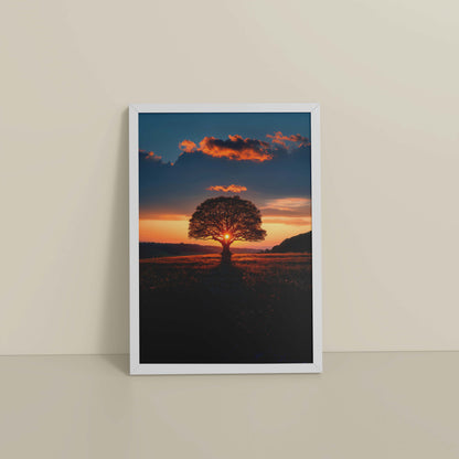 Floor View of Evening Glow – Tree at Sunset Nature Wall Art in White Color Frame