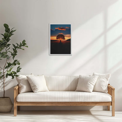 Living Room Cabinet Table Preview of Evening Glow – Tree at Sunset Nature Wall Art in White Color Frame