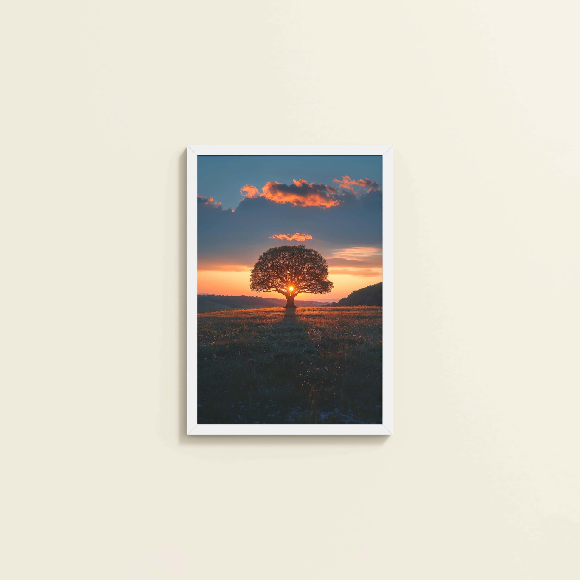 Wall View of Evening Glow – Tree at Sunset Nature Wall Art in White Color Frame