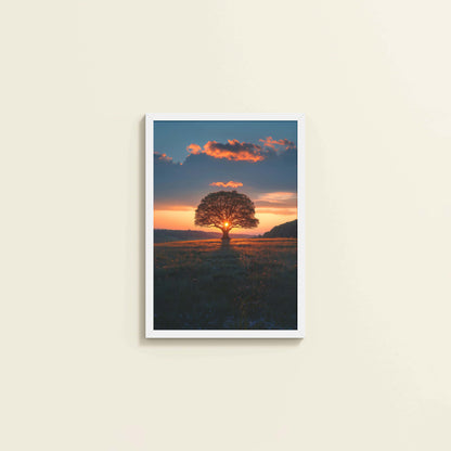 Wall View of Evening Glow – Tree at Sunset Nature Wall Art in White Color Frame