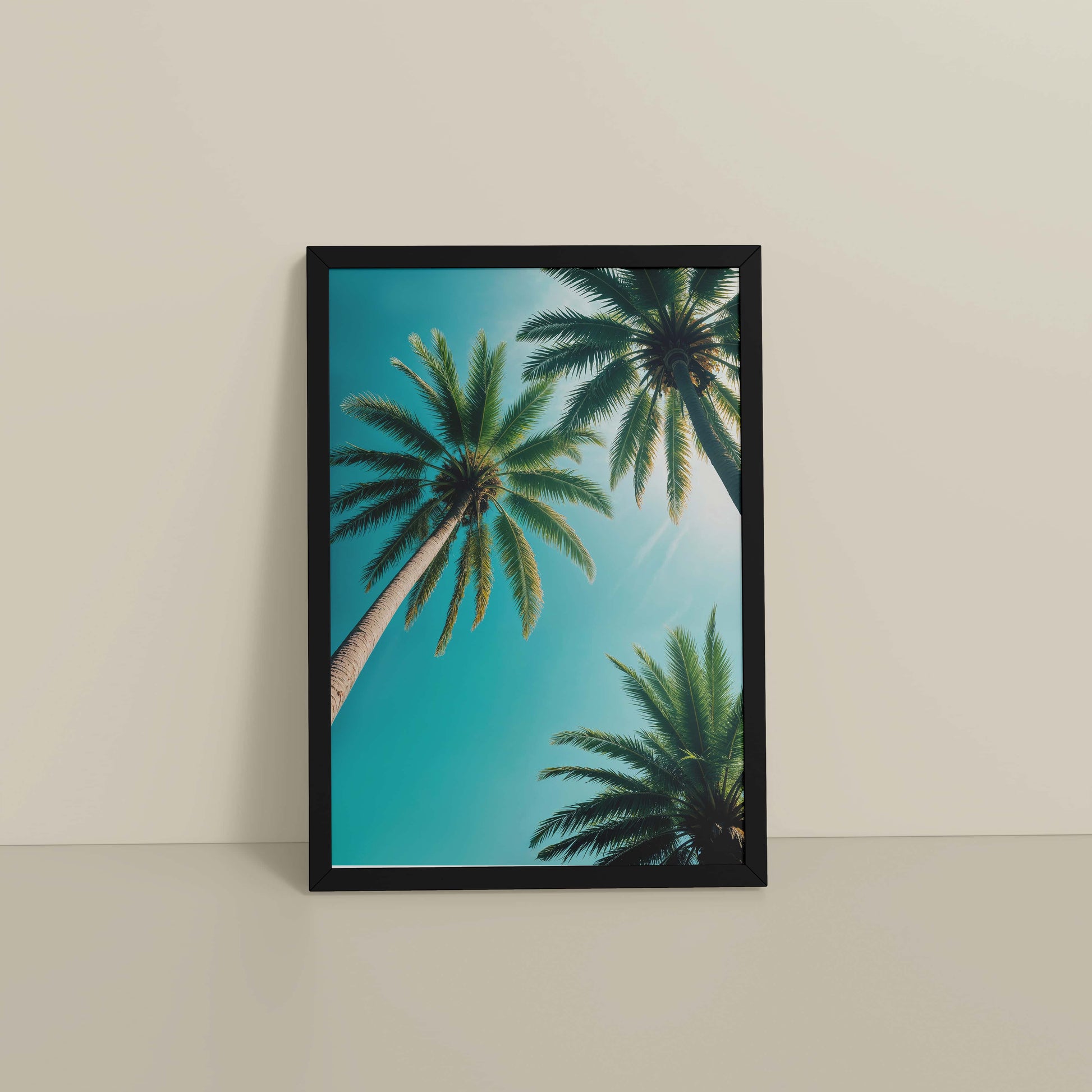 Floor View of Tropical Calm – Palm Trees Wall Art & Photo Frame in Black Color Frame