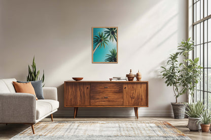 Living Room Sofa Preview of Tropical Calm – Palm Trees Wall Art & Photo Frame in Natrual Color Frame