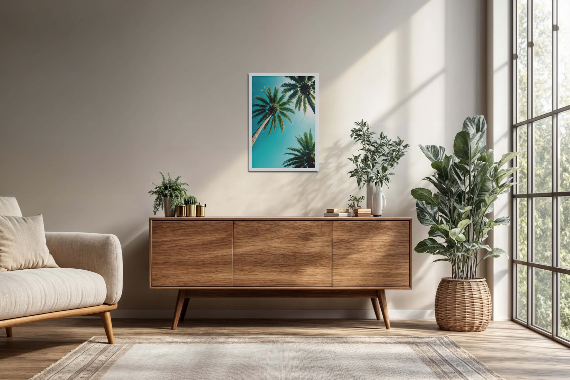 Living Room Cabinet Preview of Tropical Calm – Palm Trees Wall Art & Photo Frame in White Color Frame