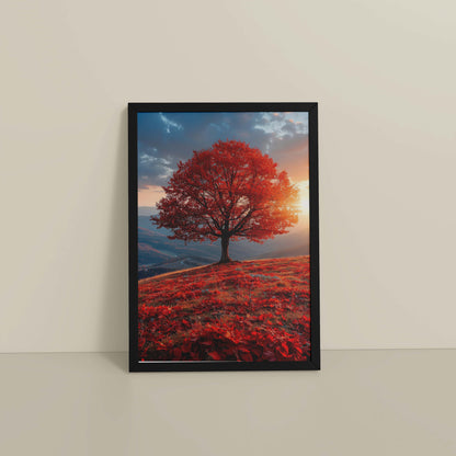 Floor View of Sunrise Serenity – Red Tree Scenic Wall Frame in Black Color Frame