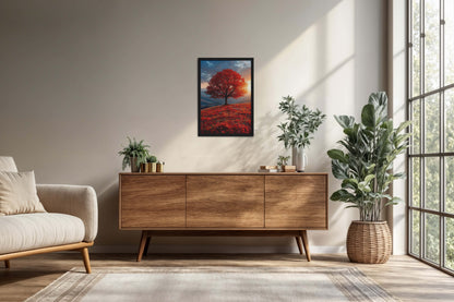 Living Room Cabinet Preview of Sunrise Serenity – Red Tree Scenic Wall Frame in Black Color Frame