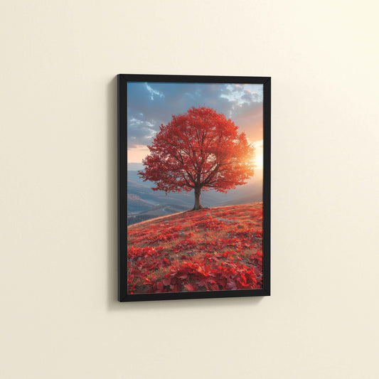 Side View of Sunrise Serenity – Red Tree Scenic Wall Frame in Black Color Frame
