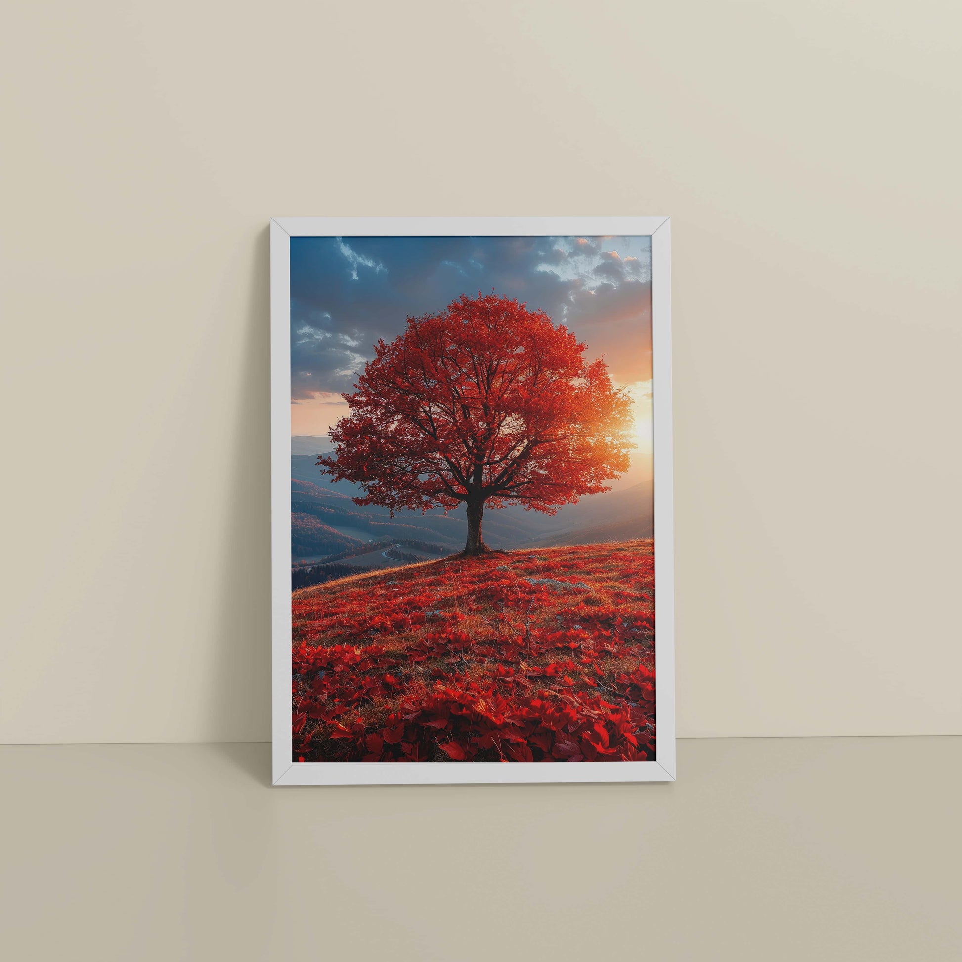 Floor View of Sunrise Serenity – Red Tree Scenic Wall Frame in White Color Frame