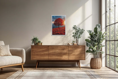 Living Room Cabinet Preview of Sunrise Serenity – Red Tree Scenic Wall Frame in White Color Frame