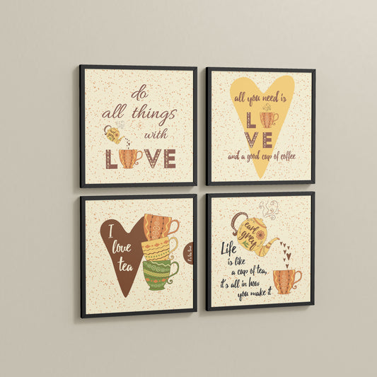 Side View of Tea Time Love Quotes Set of 4 Wall Art Frames in Black Color Frame