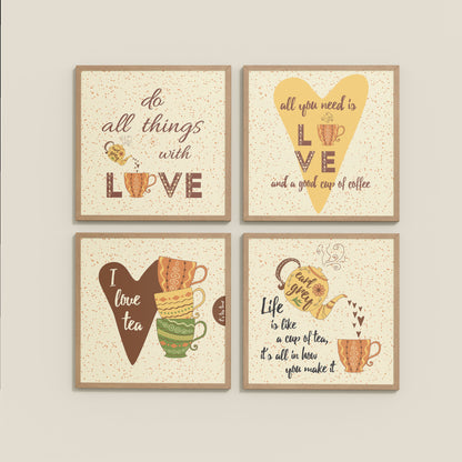 Wall View of Tea Time Love Quotes Set of 4 Wall Art Frames in Natrual Color Frame