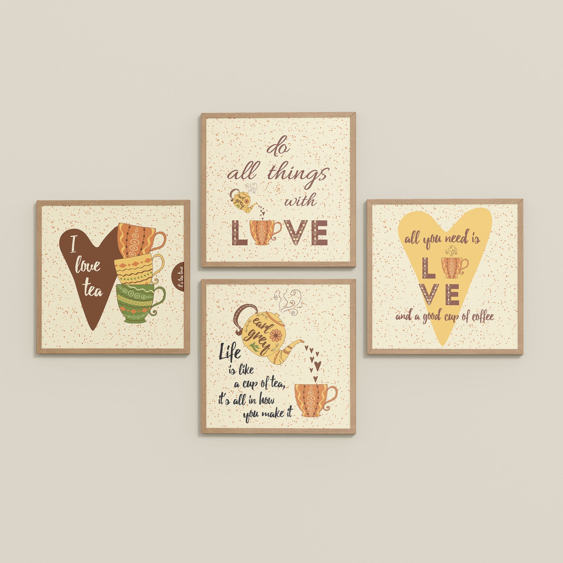 Inclined Floor View of Tea Time Love Quotes Set of 4 Wall Art Frames in Natrual Color Frame