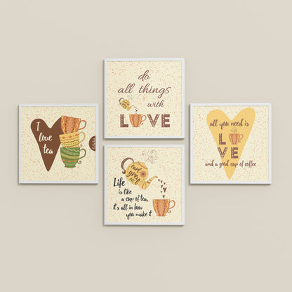 Inclined Floor View of Tea Time Love Quotes Set of 4 Wall Art Frames in White Color Frame